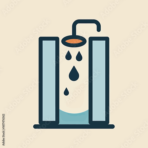 A modern flat design icon of a shower stall with running water, a simple and clean symbol for bathrooms, hygiene, plumbing, and personal care facilities.
