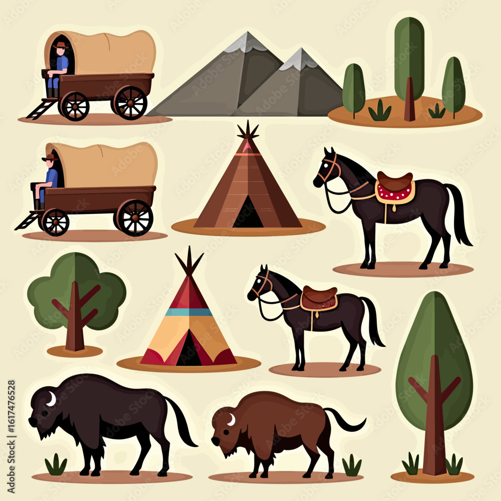 Fototapeta premium A charming flat design icon set of the American Wild West, featuring a teepee, covered wagon, horse, bison, and desert plants for historical and cultural themes. 