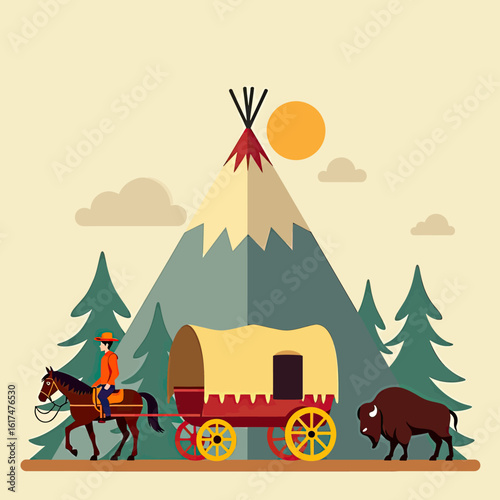 A serene flat design illustration of a Native American teepee and a covered wagon in a tranquil mountain and forest landscape, depicting a classic frontier scene.
