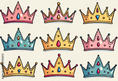 A charming collection of hand-drawn doodle-style crowns and tiaras with colorful gems, a perfect set for creating whimsical fairytale and princess-themed designs.
