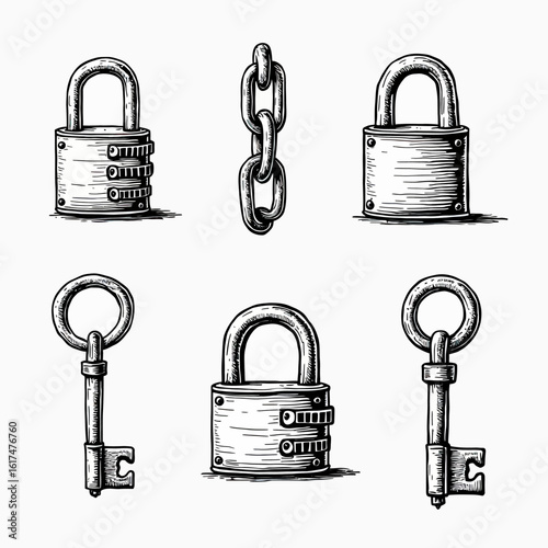 A hand-drawn collection of vintage locks, keys, and a chain in a detailed sketch style, perfect for themes of security, mystery, or escape room puzzles.
