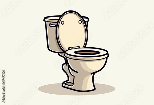 A simple cartoon illustration of a classic beige toilet with an open lid, a basic household fixture icon representing restrooms, sanitation, and plumbing services.
