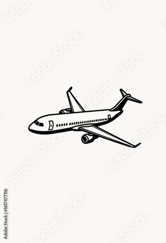 A classic black and white line art illustration of a commercial passenger airplane, a timeless symbol of global travel, aviation, and international transportation.
