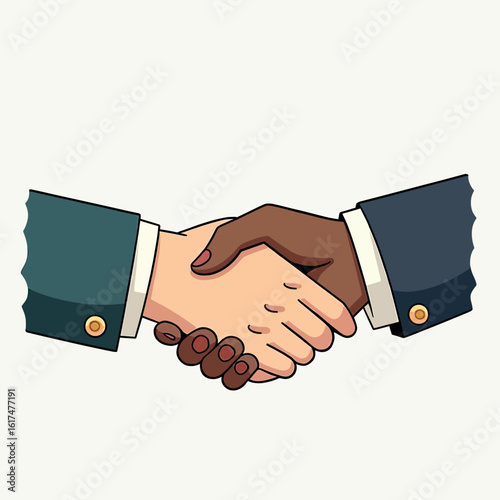 A symbolic cartoon illustration of a firm interracial handshake, representing a strong business partnership built on diversity, trust, respect, and collaboration.
