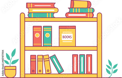 Colorful illustration of a bookshelf with books and plants