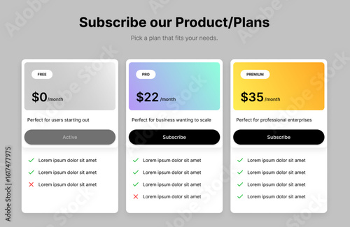 Three Price Table Layouts with Colorful Accents. user interface