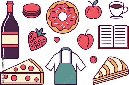 Flat illustration of food and drink items with apron