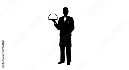 A silhouette of a waiter with a covered plate, embodying elegance and service.