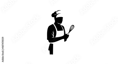 A chef in apron holding whisk
