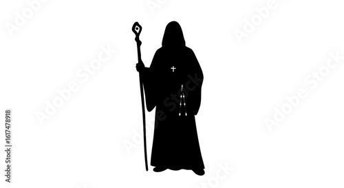 A cloaked figure with a staff, a mysterious silhouette against light.