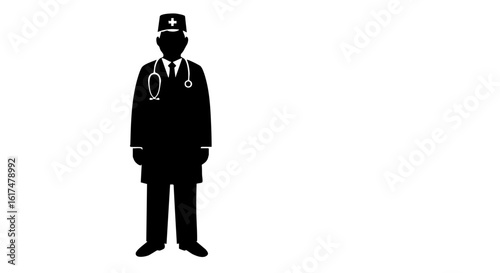 A doctor silhouette with a stethoscope, hat and tie.