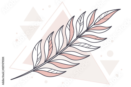Pink and grey leaf branch with geometric background