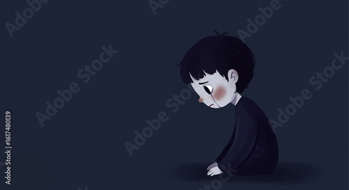 An emotional illustration of a lonely young boy crying in despair against a dark, minimalist background.