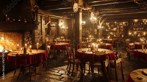 A dimly lit, wooden tavern with round tables and candles