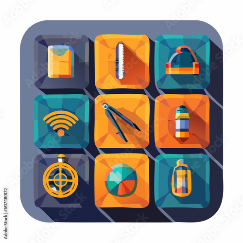 Modern vector set of bright square camping icons suitable for outdoor themed designs and illustrations, including websites, apps, and marketing materials.