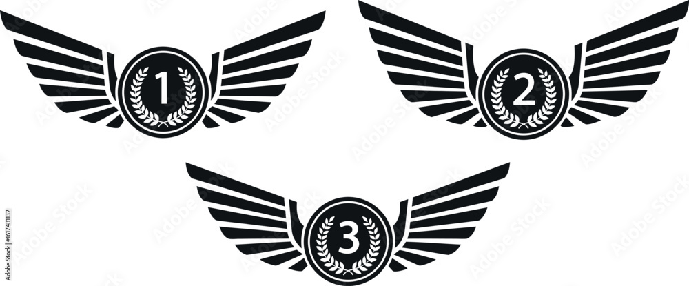 Vector ranking badges with wings first second third place award achievement Vector ranking badges with wings first second third place award achievement