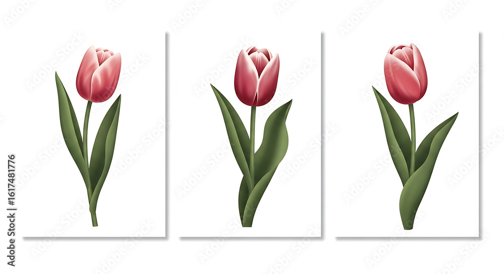Obraz premium Three Pink Tulips Botanical Illustration White Background