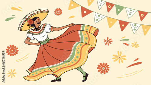 Joyful mexican woman in traditional dress dancing at a fiesta, celebrating culture with folk music and colorful decorations isolated on white background