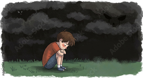A young boy sits huddled on the grass, overwhelmed by inner fears and anxieties, with dark, ominous clouds above symbolizing his emotional struggles and childhood vulnerability.