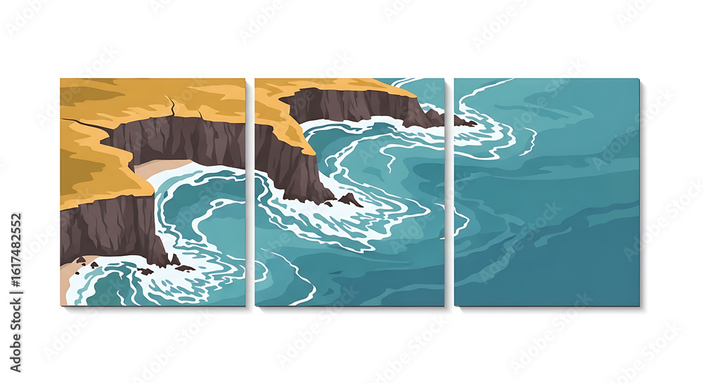 Fototapeta premium Coastal Cliffs Ocean Waves Triptych Teal Yellow Brown