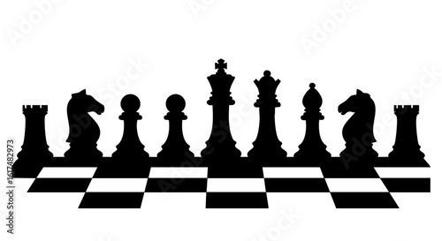 A black and white chess board with chess piece silhouette on the board