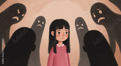 Anxious young girl surrounded by shadowy figures representing depression and fear. Conceptual illustration of childhood mental health.