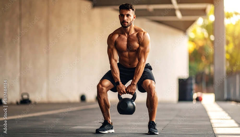 Obraz premium Man performing kettlebell squat