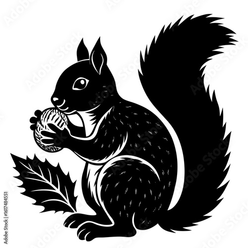 A charming vector illustration of a squirrel eating a nut surrounded by autumn leaves and warm colors. Perfect for fall-themed projects, wildlife designs, and seasonal artwork. Created in flat vector 
