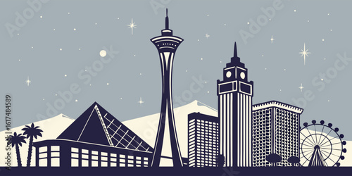 Las Vegas Silhouette Vector with Stratosphere, Luxor, and Iconic Casino Landmarks