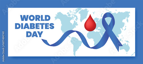World diabetes day Horizontal banner, social media cover header with blue ribbon and Blood Drop illustration template