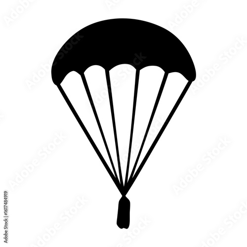 Simple graphic illustration of a black and white parachute in silhouette