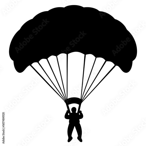 Silhouette of a skydiver with a parachute against a white background