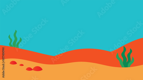 Stylized desert landscape with rolling dunes and sparse vegetation