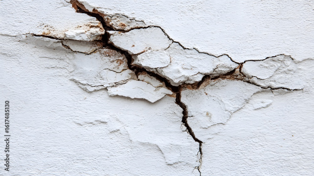 Fototapeta premium Extensive cracks in a weathered white wall.