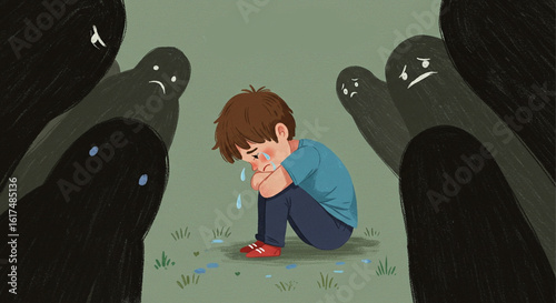 Lonely Child Surrounded by Negative Emotions