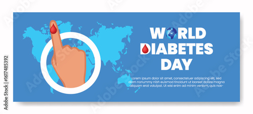 world diabetes day awareness Horizontal web banner vector template with Blood Drop, hand and blue circle vector template design