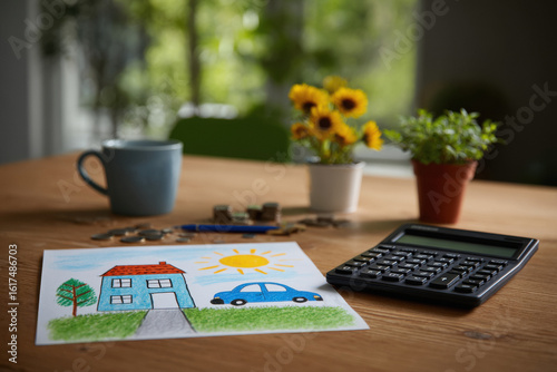 a child drawing of a house car sun and placed beside coins and calculator
