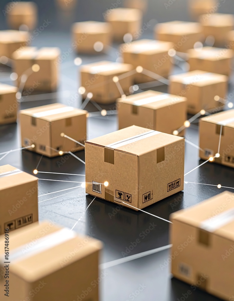 Fototapeta premium Network of cardboard boxes interconnected, representing global distribution or logistics