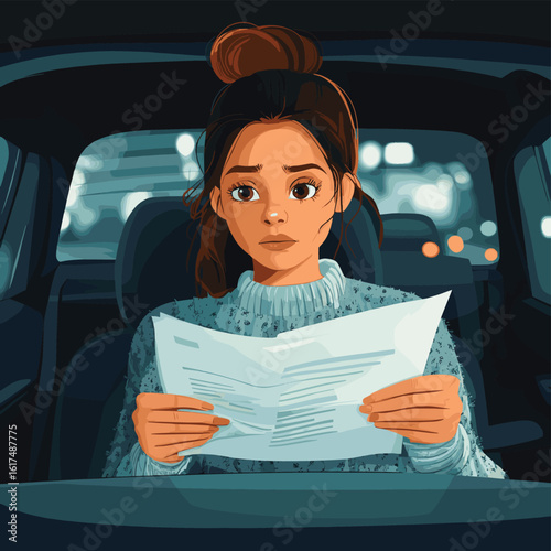 Worried woman driver holding documents sitting in car stuck in traffic jam