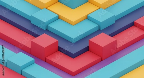 Geometric layered background, abstract 3D blocks, isometric design, bold colors and shadows, clean modern style
