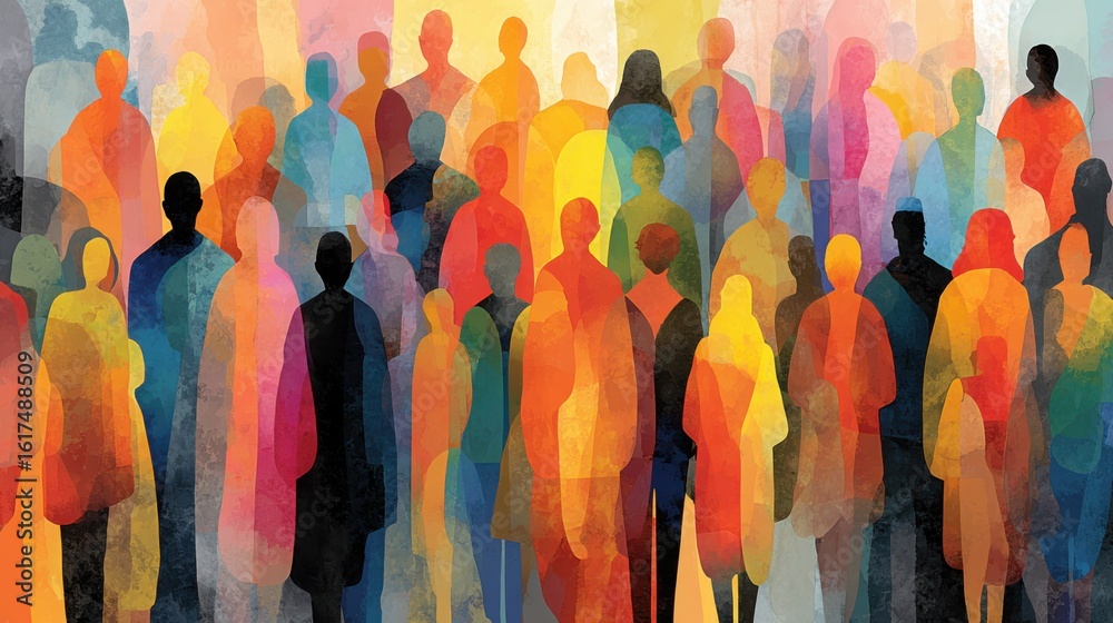 Naklejka premium A lively gathering features a multitude of colorful silhouettes representing diversity. The atmosphere buzzes with excitement as people engage with each other during this vibrant community event.
