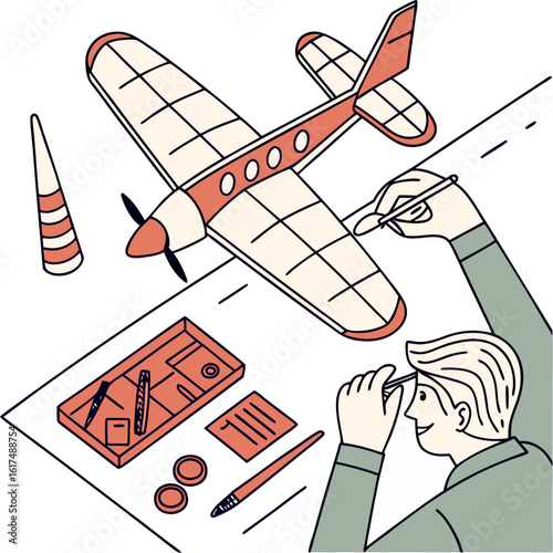 A man assembling a model airplane on table