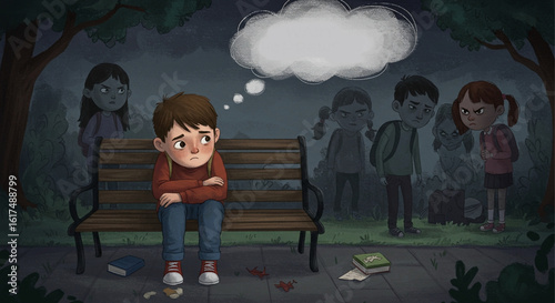 A lonely boy sits on a park bench feeling sad and isolated from bullying, a conceptual illustration of social exclusion and childhood anxiety