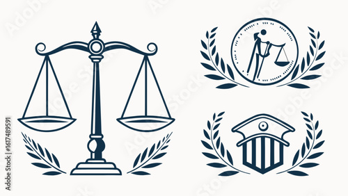 Law and justice symbols with scales and laurel wreaths isolated on white background