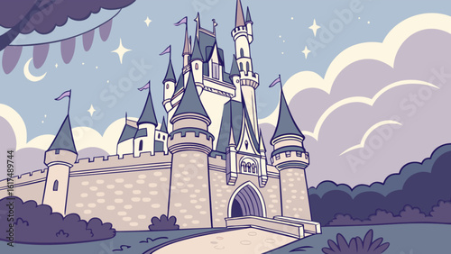 A whimsical cartoon illustration depicts a magical fairytale castle under a starry night sky with a crescent moon, evoking a sense of fantasy and wonder