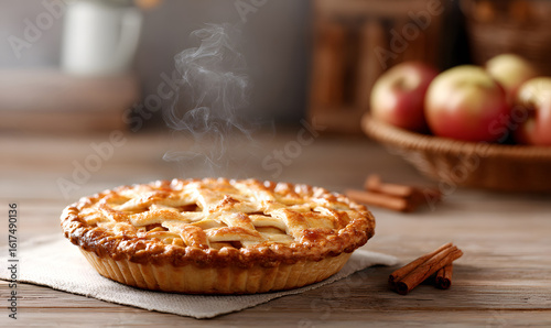 Freshly baked homemade apple pie with golden lattice crust steaming warm classic dessert comforting and delicious apple filling. generative aI