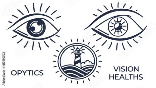 A logo design featuring eyes and a lighthouse, representing vision health and optics, isolated on white background