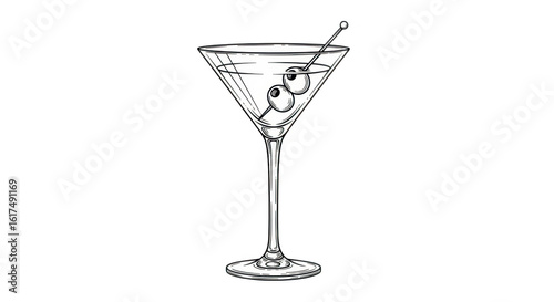 A classic martini cocktail with olives in a martini glass, isolated on transparent background
