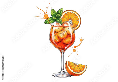 A refreshing aperol spritz cocktail with orange slices and mint, isolated on transparent background