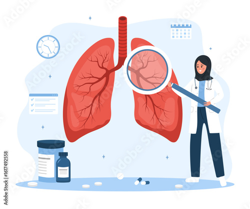 Pulmonologist concept. Lungs health. Arab Female doctor with large magnifier examines internal organs. Vector illustration in flat cartoon style.